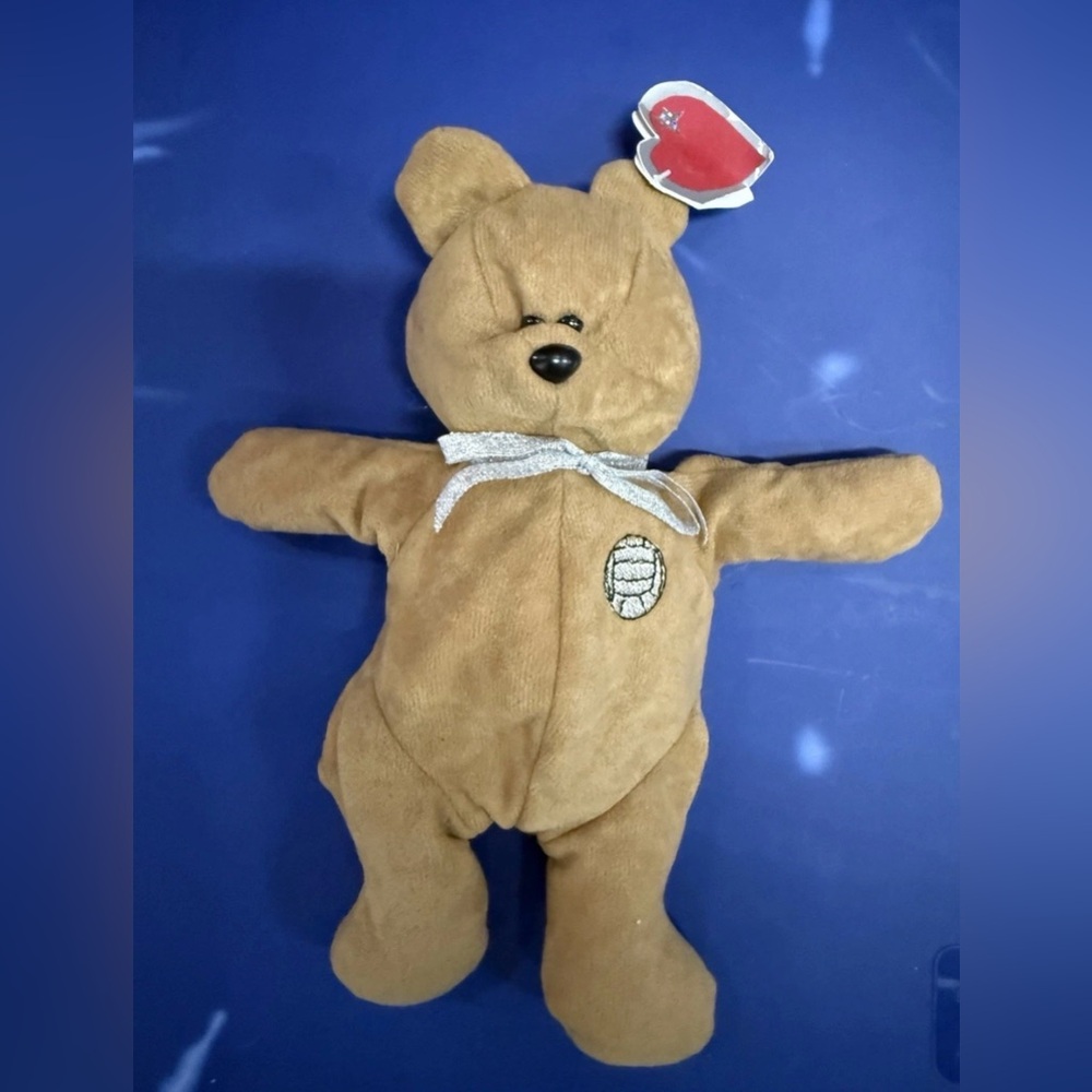 Soft Brown Plush Teddy Bear with Silver Bow Tie and Volleyball
